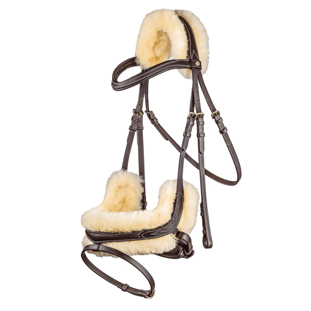 brown swedish leather bridle oxford with golden mounting and fur padding including reins by sunride