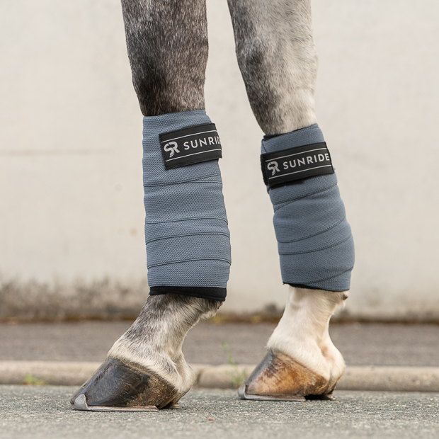 elastic fleece bandages blue on horse leg set of four elastic fleece bandages sunride blue on horse leg