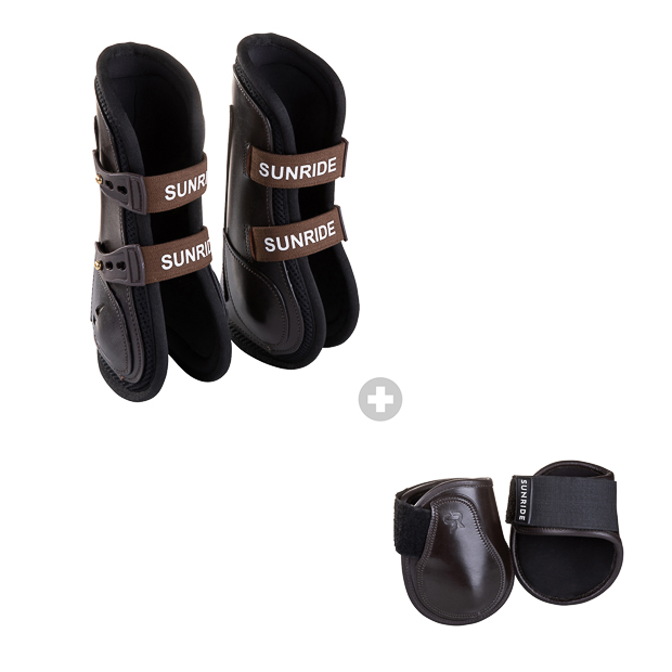 brown leather jumping boots with protection layer and elastic straps and low brown leather fetlock boots in a set by sunride