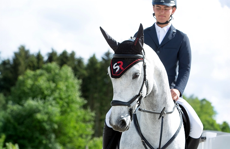 Fliegenhaube Ein Pferd mit roter Fliegenhaube und Reiter im Hintergrund sind grüne Bäume