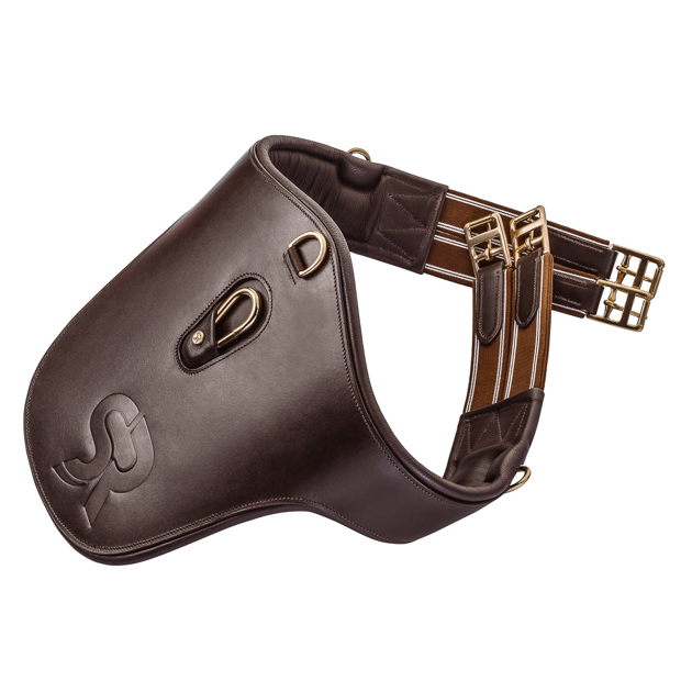 elastic brown leather stud guard girth hickstead with golden mounting by sunride