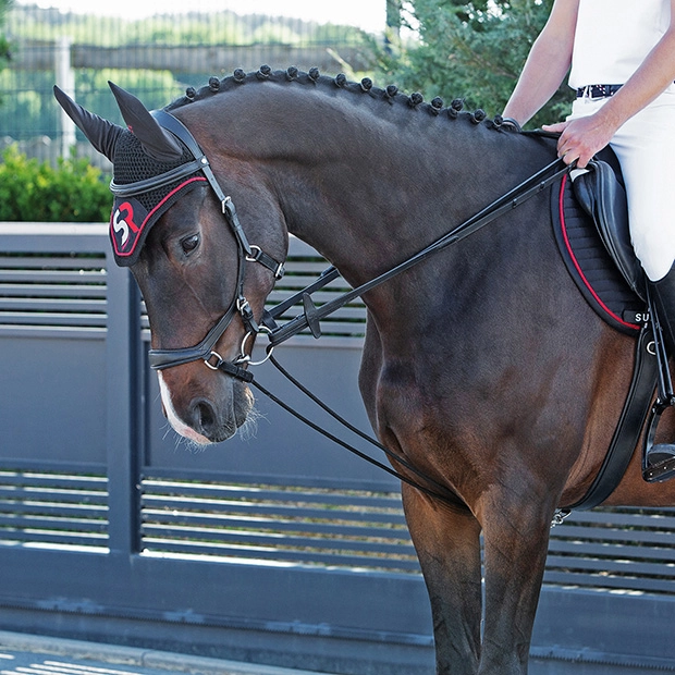 black silver leather draw reins with loop on horse black leather draw reins with silver mounting and extra loop by sunride with rider on horse