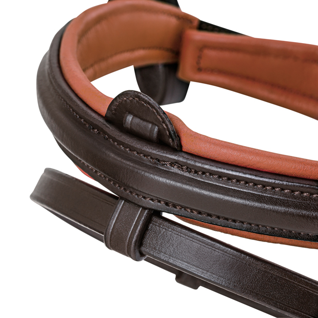 detailed view of detachable curb lash of brown padded english combined brown leather bridle hawaii with golden mounting including reins