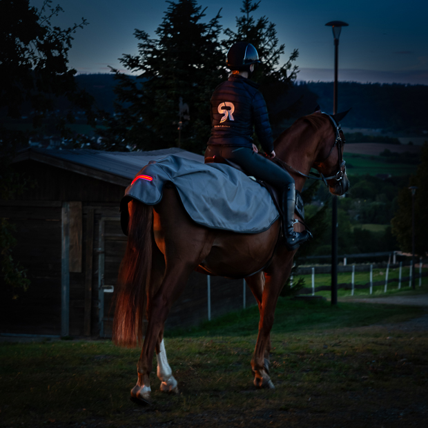reiter auf seinem pferd mit der led decke new york mit beleuchtung in der dunkelheit beim ausreiten