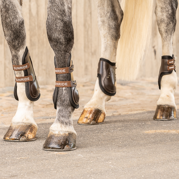 brown leather jumping boots with protection layer and elastic straps and high brown leather fetlock boots in a set by sunride on a horse