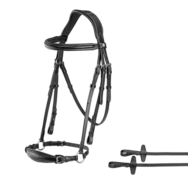 hannoverian bridle hannover in black leather with silver mounting and reins included by sunride
