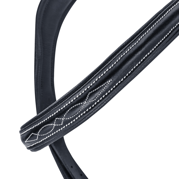 detailed view of brow band stitching of black mexican bridle acapulco with silver mounting including matching reins by sunride
