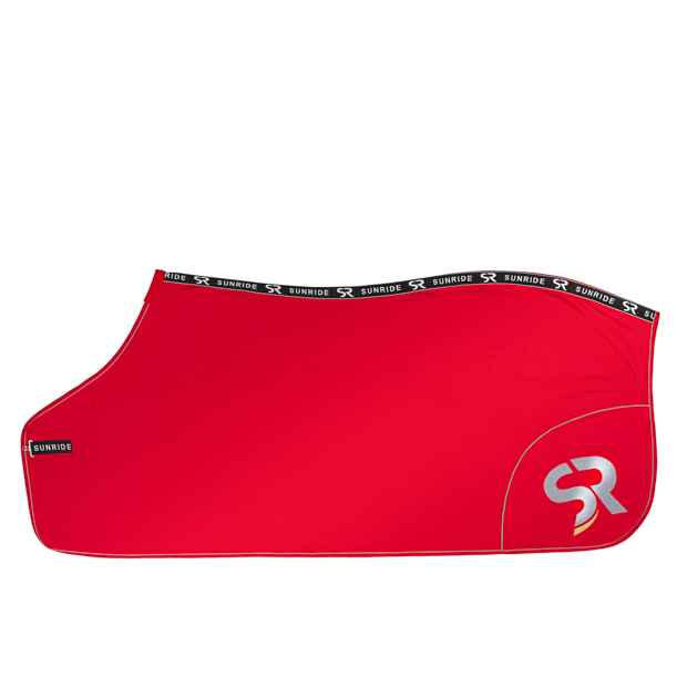red boston cooler rug made of softshell and fleece with reflecting sr logo by sunride