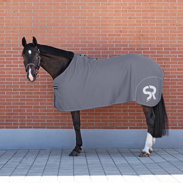 Abschwitzdecke Boston von Sunride Ein Pferd steht vor einer roten Ziegelwand und trägt eine graue Abschwitzdecke Boston von Sunride