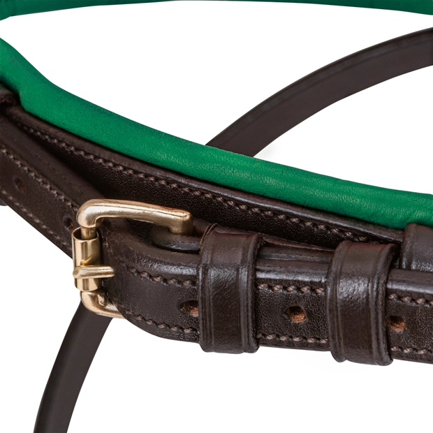 detailed view of padded nose band of green padded english combined brown leather bridle hawaii with golden mounting including reins