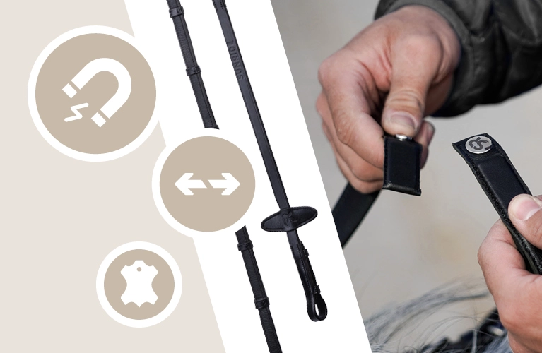 Zügel Ein Reiter hält den Verschluss eines Magnet Sicherheitszügelsets in der Hand Daneben sind die Zügel mit magnetischem Verbindungssystem zu sehen Daneben befinden sich Symbole die Magnetkraft Flexibilität und Sicherheit darstellen