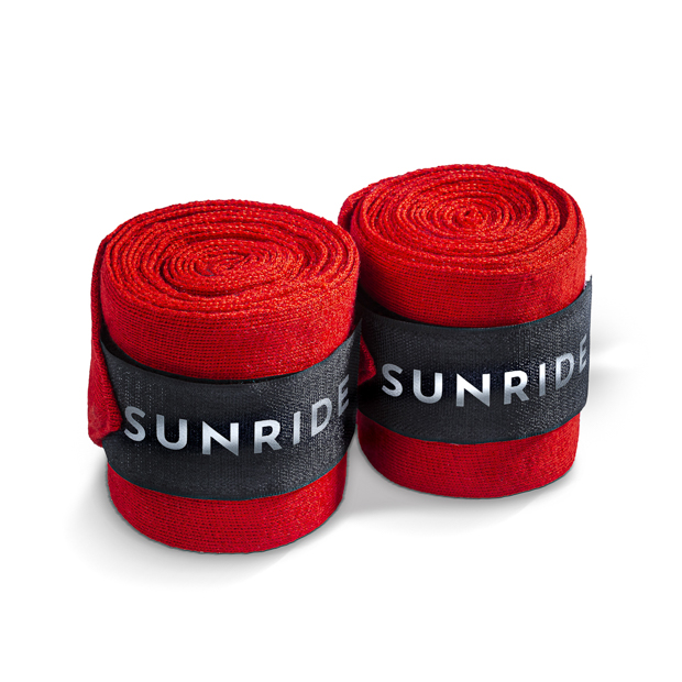 set of elastic fleece bandages red with reflecting sunride logo