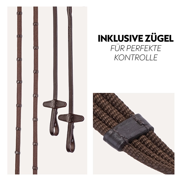 Braune Zügel mit speziellen Halterungen für eine verbesserte Kontrolle, ideal für das Reiten und die Kommunikation mit dem Pferd.