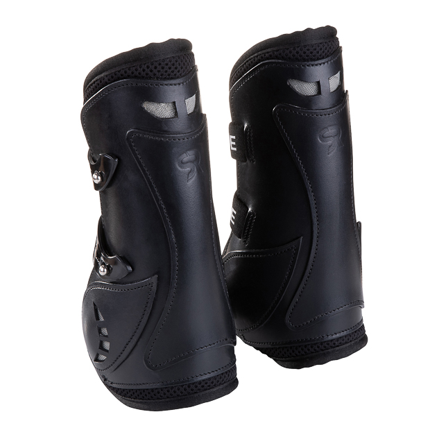 sicherheitsnetz springgamaschen leder schwarz ansicht eingearbeitetes schutznetz bei den schwarzen springgamaschen aus leder mit elastischen zuegen von sunride