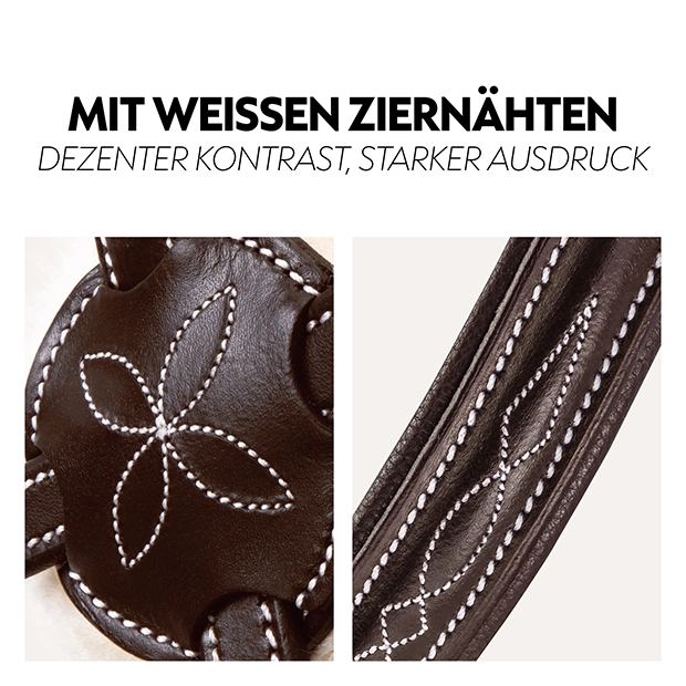Detailansicht einer mexikanischen Trense mit braunem Leder und weißen Ziernähten, die einen dezenten Kontrast und ein elegantes Design zeigen.