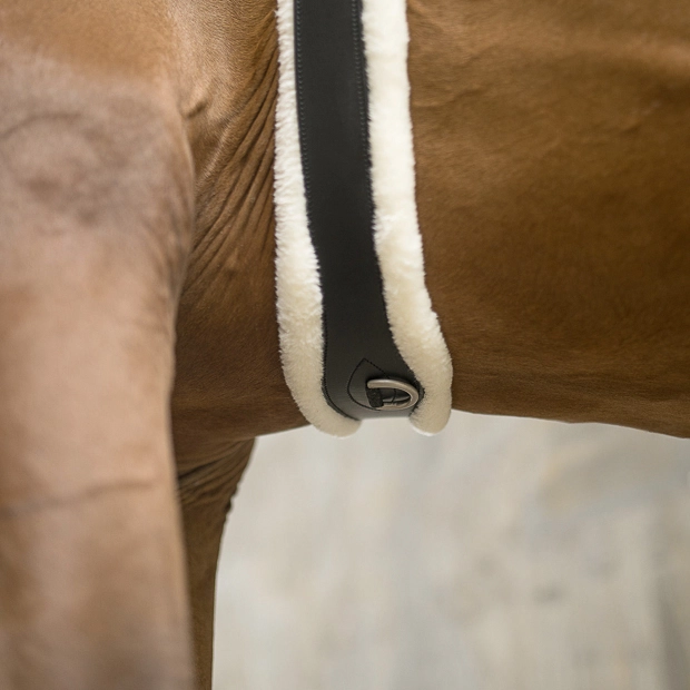 Nahaufnahme eines Sattelgurts mit Fell von Sunride