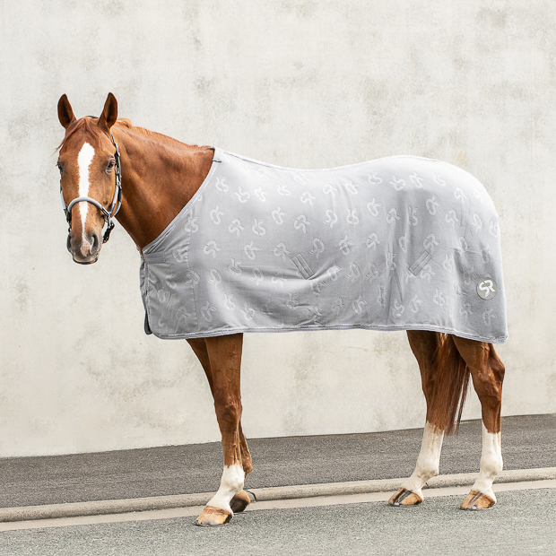 grey cooler rug with removable belly straps wellington line by sunride on a horse