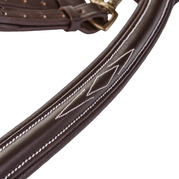 detailed view of  stitchings on windsor brown leather breastplate with martingal and elastic straps by sunride