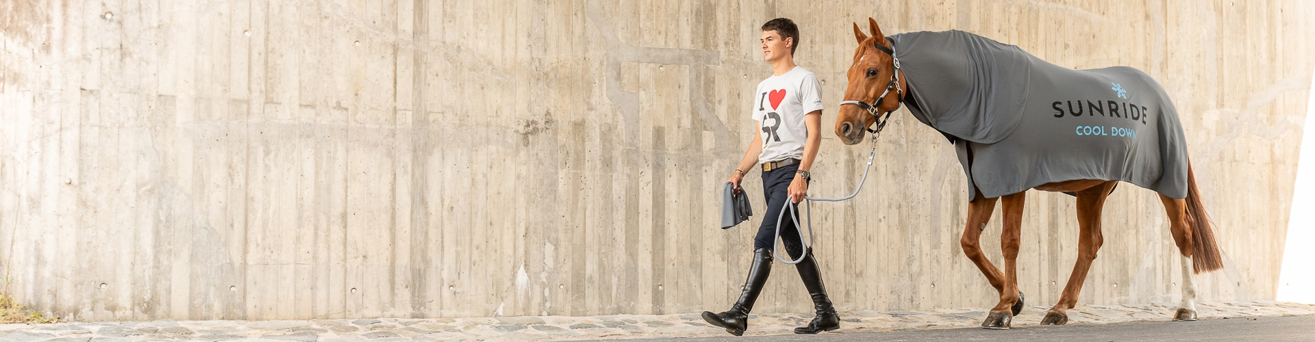 Kühldecke Cool Down  Ein Pferd wird an einer Betonmauer entlang geführt es das Pferd trägt die Kühldecke Cool Down