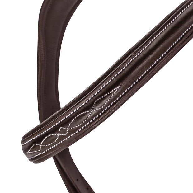 detailed view of brow band stitching of brown mexican bridle acapulco with golden mounting including matching reins by sunride