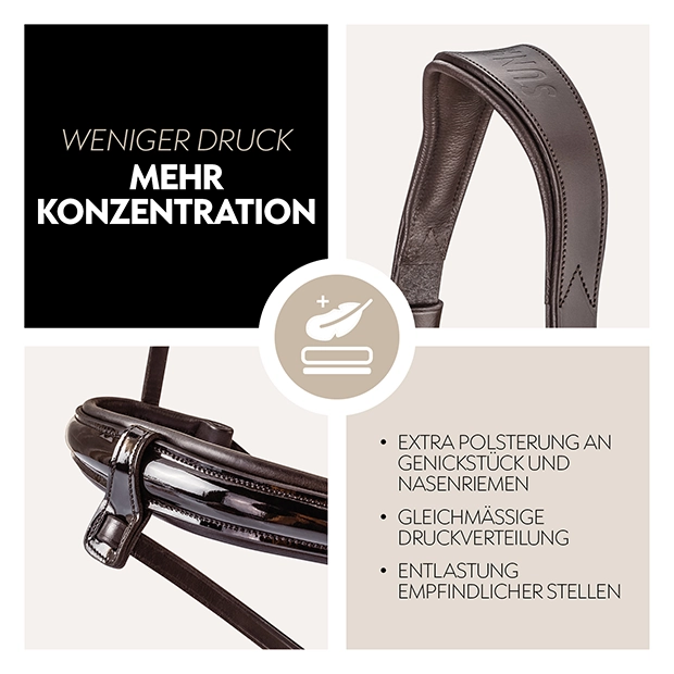Detailansicht einer braunen Trense mit extra Polsterung am Genickstück und Nasenriemen für mehr Komfort und Druckverteilung.