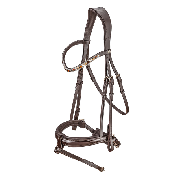 swedish leather bridle aspen with glossy nose band and matching gem stones in brown with golden mounting including reins