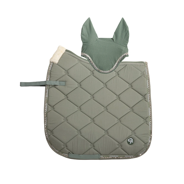 set of dressage saddle pad wellington olive with gemstones, breathable spine and padded withers and matching earnet set of breathable dressage saddle pad wellington olive with  gemstones and fur on withers with matching earnet wellington