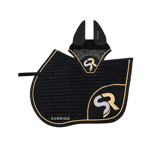 set of black golden sr line jumping saddle pad with breathable air mesh spine and matching fly earnet by sunride