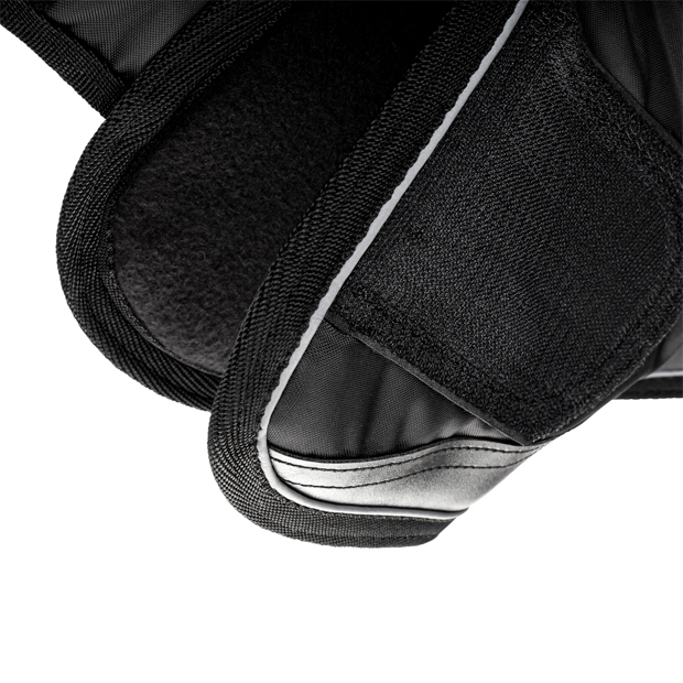 detailed view of reinforced hoof area leather on reflecting black travel boots by sunride