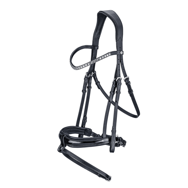 swedish leather bridle aspen with glossy nose band and matching gem stones in black with silver mounting including reins