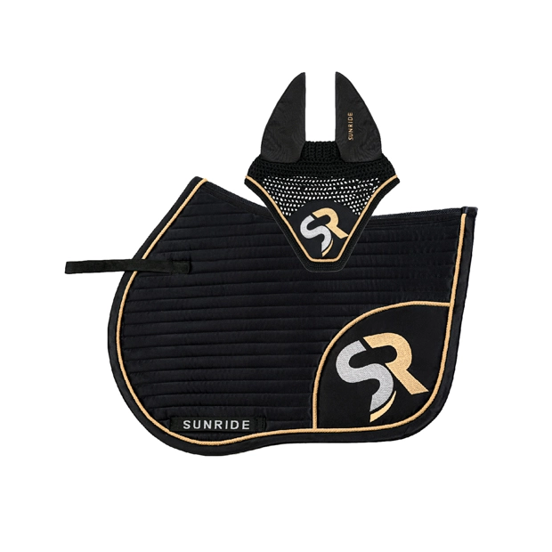 jumping saddle pad sr line black gold and earnet in a set set of black golden sr line jumping saddle pad with breathable air mesh spine and matching fly earnet by sunride