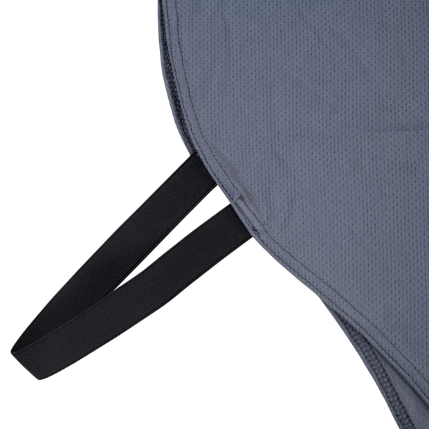 detailed view of elastic head strap of light grey cooling rug cool down including neck part and extra fabric