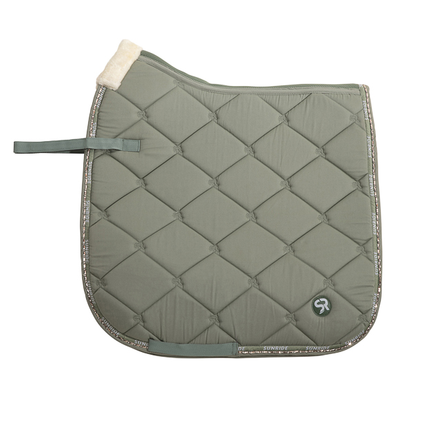 breathable dressage saddle pad wellington olive with  gemstones and fur on withers