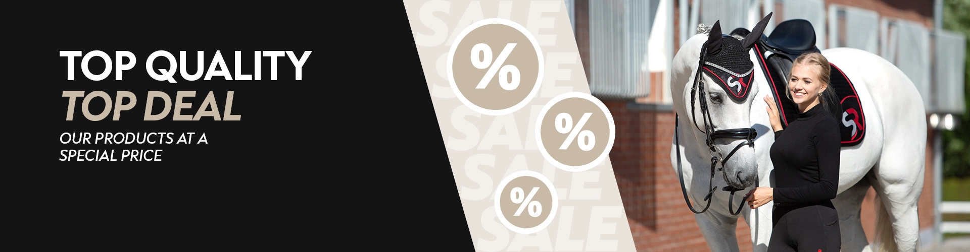 Sale A rider stands next to a horse with a black and red saddle pad and matching fly hood with an SR logo in the background there is a stable on the left the text reads Best Quality Best Deal our products at a special price