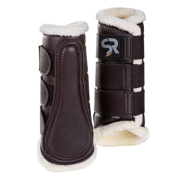 1 braune leder dressurgamaschen mit fell und drei klettschnallen zur individuellen  fixierung