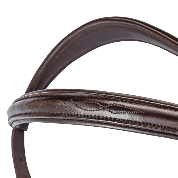 detailed view of stitchings of english combined brown leather bridle york with golden mounting including reins by sunride 