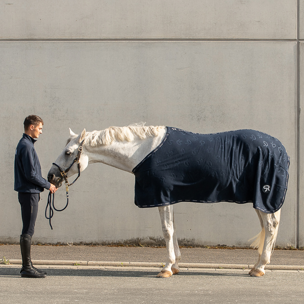 blue cooler rug with removable belly straps wellington line by sunride on a horse and his rider