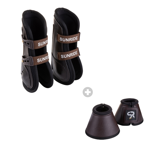 brown leather jumping boots with protection layer and elastic straps and brown leather bells boots in a set by sunride boots