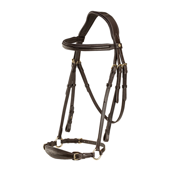 hannoverian bridle hannover in brown leather with golden mounting and reins included by sunride
