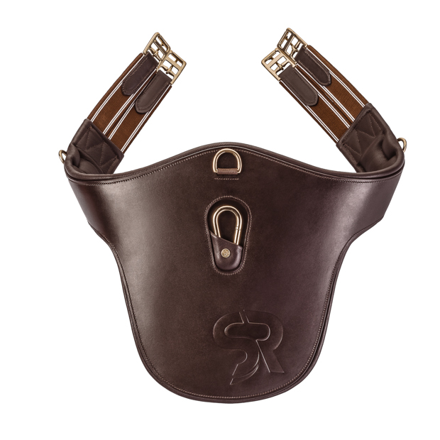 elastic brown leather stud guard girth hickstead with golden mounting by sunride