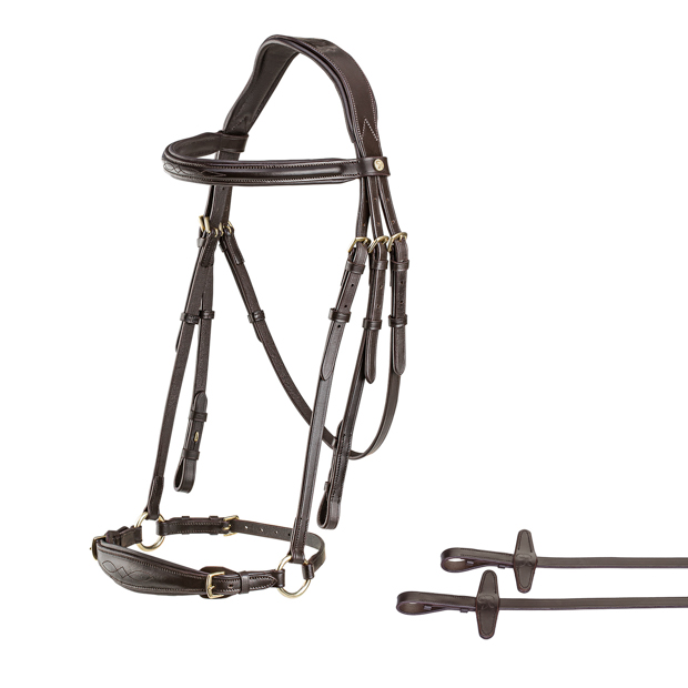 hannoverian bridle hannover in brown leather with golden mounting and reins included by sunride