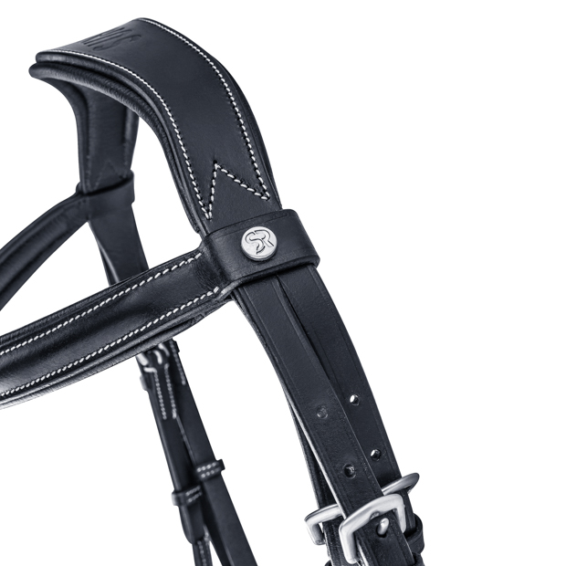 detailed view of shape of black mexican bridle acapulco with silver mounting including matching reins by sunride
